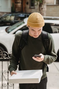 A Deliveryman Looking at His Cellphone