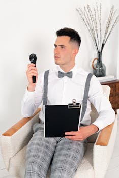 A Man Holding a Microphone and a Clipboard