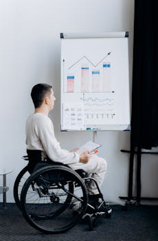 A Man Sitting on the Wheelchair while Looking at the Graph on the Board