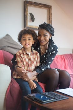 Mother and Son Sitting Together on a Couch