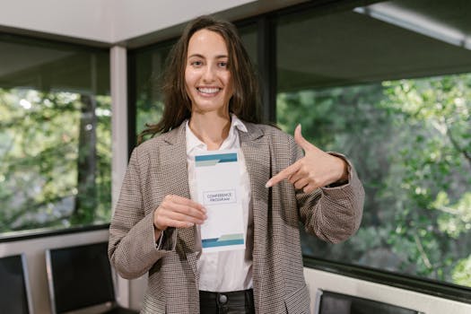 Woman Smiling and Pointing at Leaflet