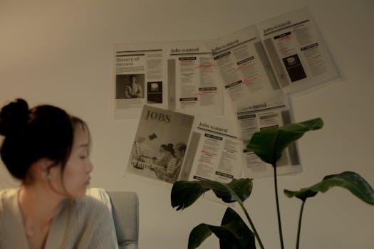 Woman sitting and looking away with job postings pinned on wall