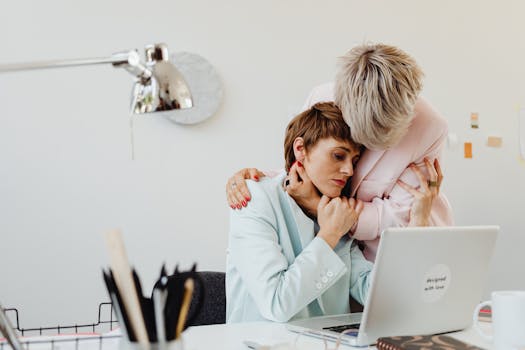 Women Embracing at Laptop